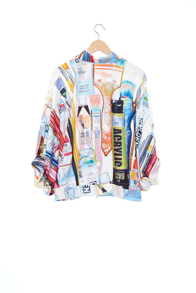 "The Painters" Collection- Painting Tools White POP Printed Elastic Jersey 2/3 Sleeve Volume Coat
