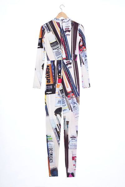 "The Painters" Collection- Painting Tools White Printed Elastic Jersey Catsuit