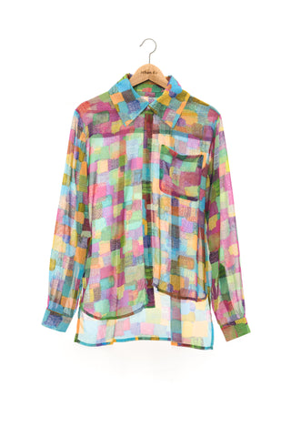 "The Painters" Collection- Square Purple Printed Chiffon Asymmetry Details Shirt