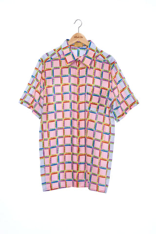 "The Painters" Collection- Crayon Check Pink and Blue Printed Double Pocket Details Short Sleeve Shirt