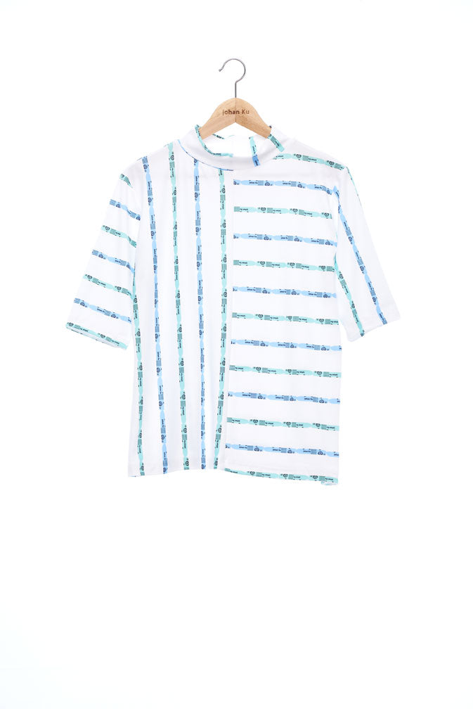 "The Painters" Collection- Crayon Stripes White Printed Elastic Jersey Short Sleeve Top