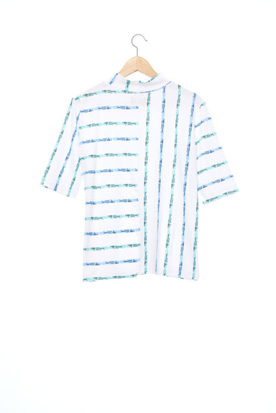 "The Painters" Collection- Crayon Stripes White Printed Elastic Jersey Short Sleeve Top