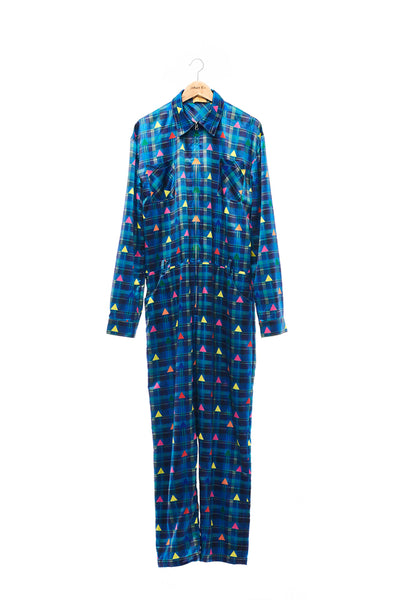 Sean Collection- Zip Front Printed Overalls- Blue Check with Rainbow Triangle Dots