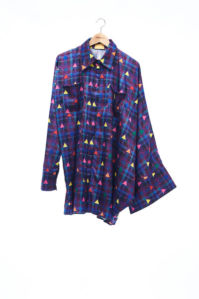 Sean Collection- Asymmetric Cutting Printed Short Dress- Purple Check with Rainbow Triangle Dots